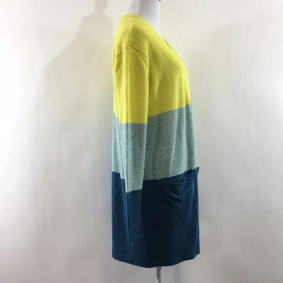 A New Day Blue Yellow Stripe Knit Tunic Cardigan Sweater Womens Small Open Front - Picture 2 of 10